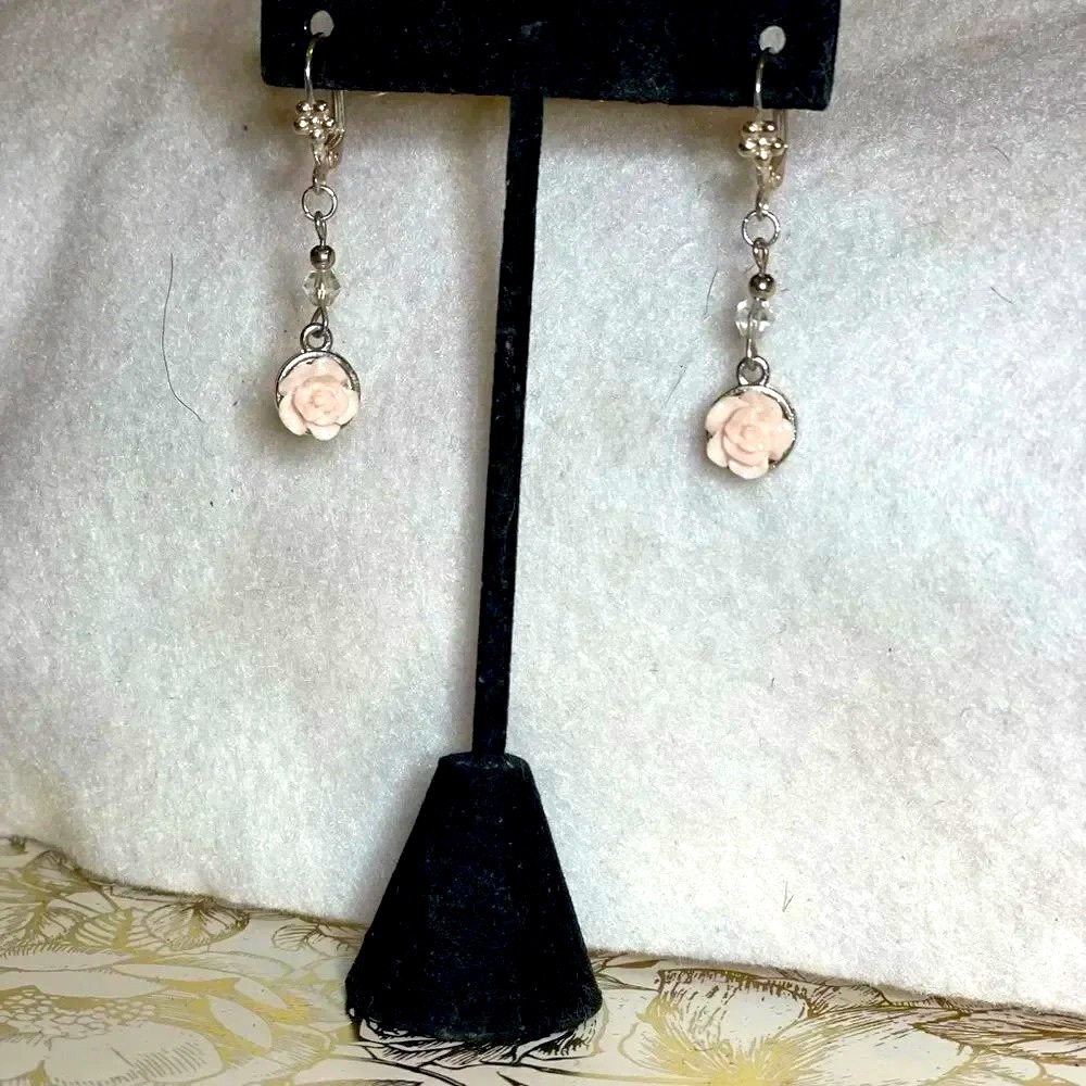 - Vintage rose pink and silver dangling earrings for pierced ears